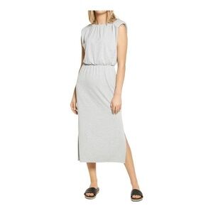 𝅺WAYF Padded Shoulder Midi Dress in light Heather gray
